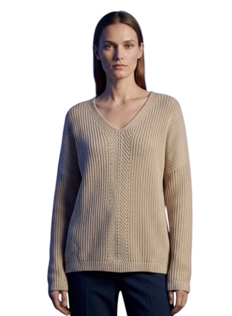 Vince Ribbed Knit Directional V-neck 100% Cotton Pullover Sweater Neutral XS
